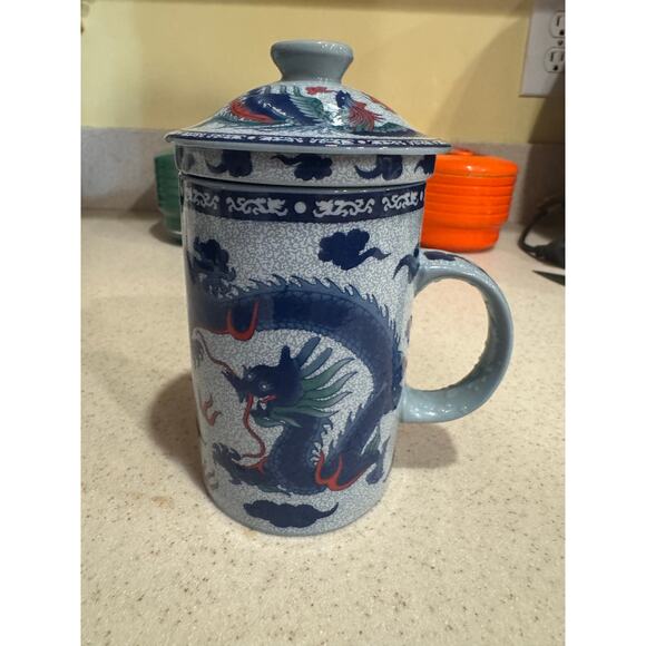 Dragon Ceramic Tea Cup Mug Set of 3 Pieces a Mug with Lid and Infuser - Picture 1 of 7